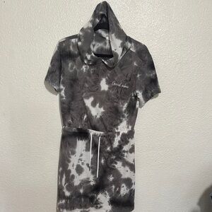 Gray and White Tie-Dye Hooded Dress